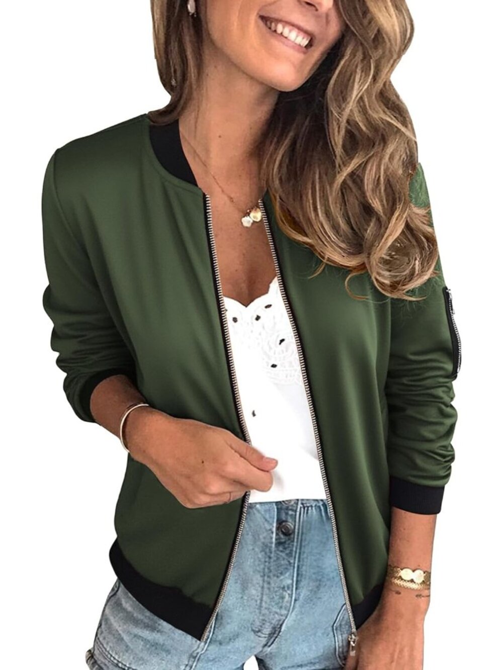Women's Army Green Solid Zip Closure Long Sleeve Lining Quilted Bomber Jacket